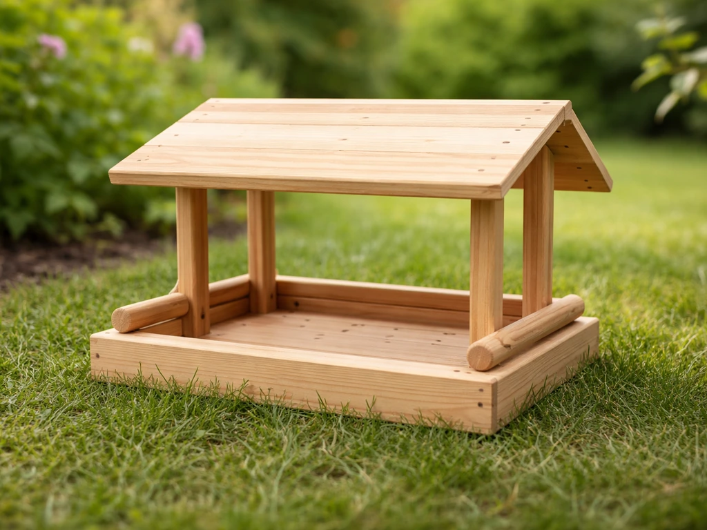 Finished small-bird table outdoors with perch rails, platform, drainage tray, and simple roof shelter.