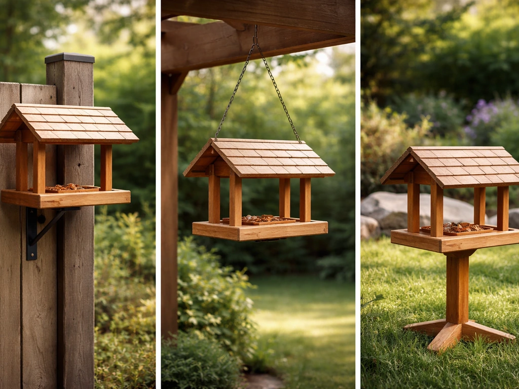 Split view of three bird-table setups: mounted to a post, hanging from a beam, and on a tabletop stand.