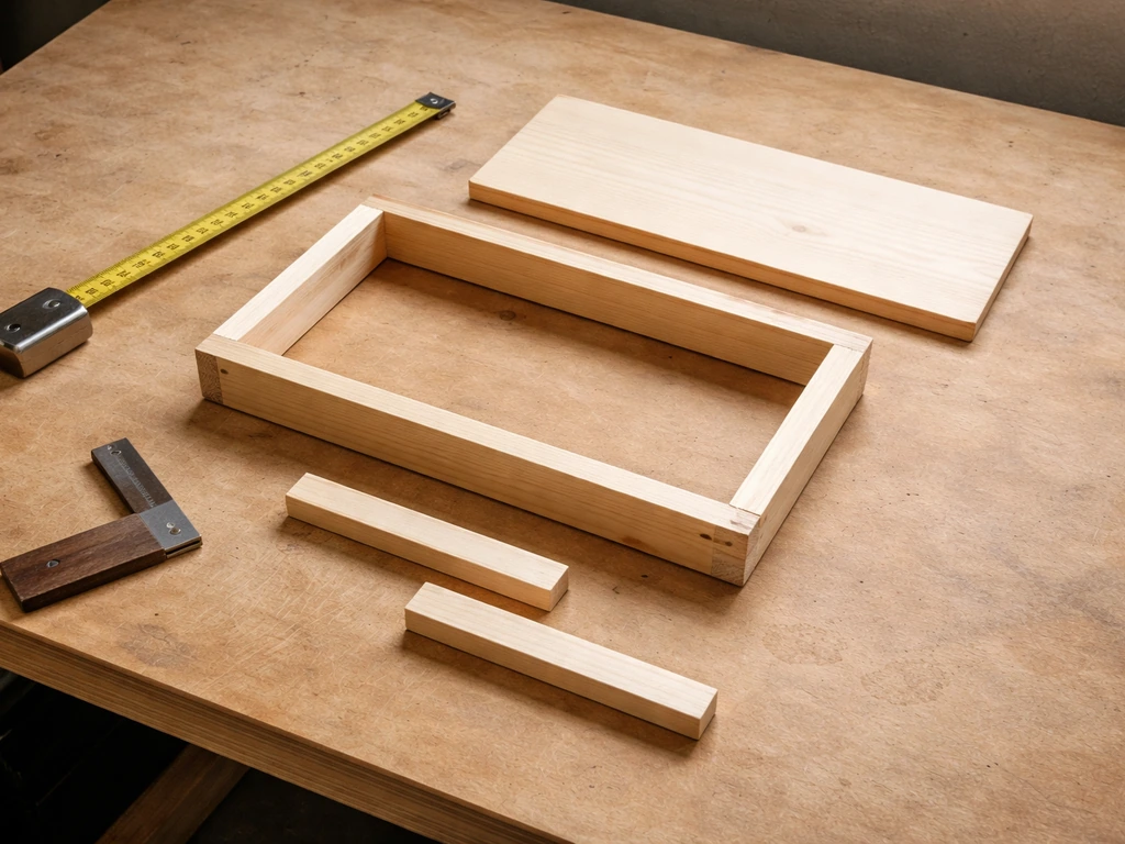Wood components laid out on a workbench with measuring tape and a simple cut list board.