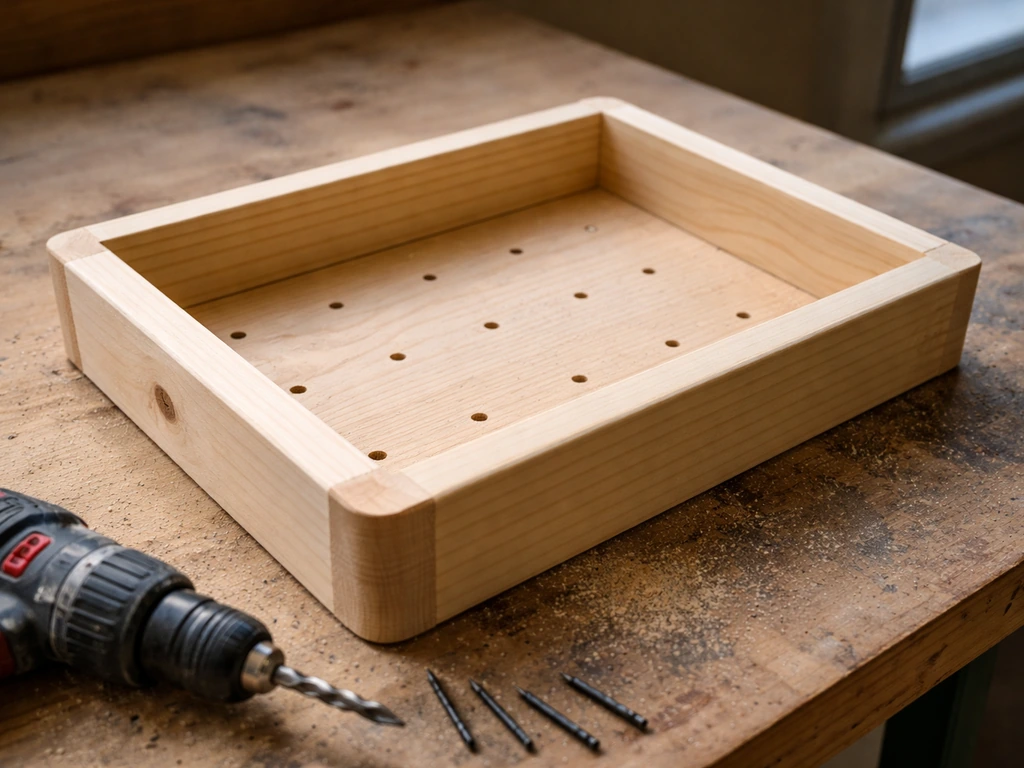 Unfinished wooden bird tray on a workbench with sanded rounded corners and drilled drainage holes.