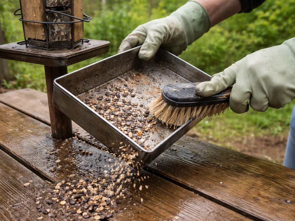 Removable feeder tray tipped to empty seeds while a brush scrubs it; post and roof visible behind.
