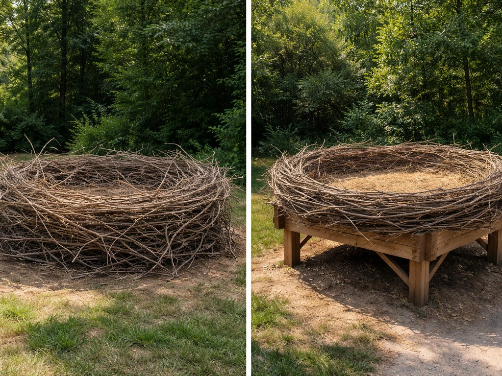Side-by-side views of a decorative giant nest centerpiece and a functional safe platform nest with an open interior