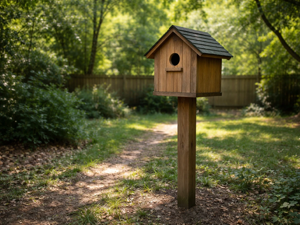 Bird nesting box on a wooden post in a backyard with partial sun and nearby shade trees.