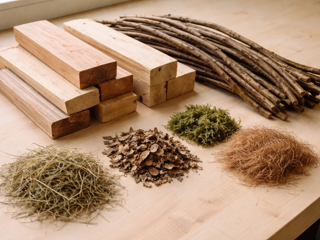 Closeup of untreated cedar and pine frame lumber, flexible weaving branches, and dried plant lining materials laid out