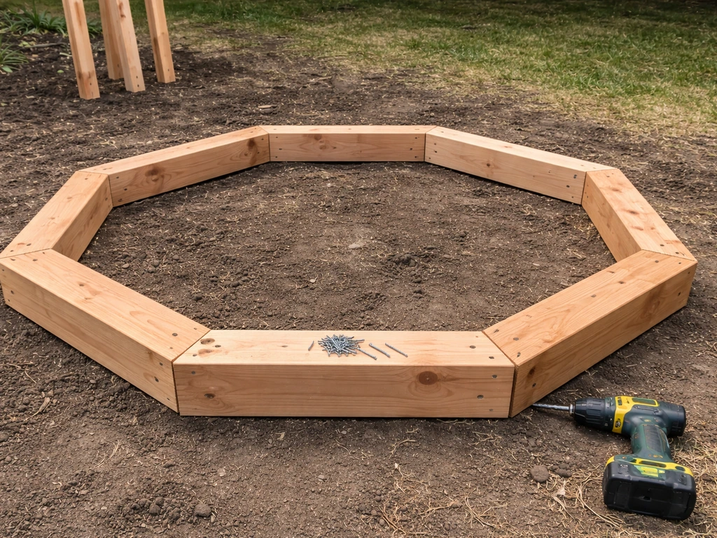 Close view of an octagonal cedar base frame on the ground with screws and a cordless drill ready