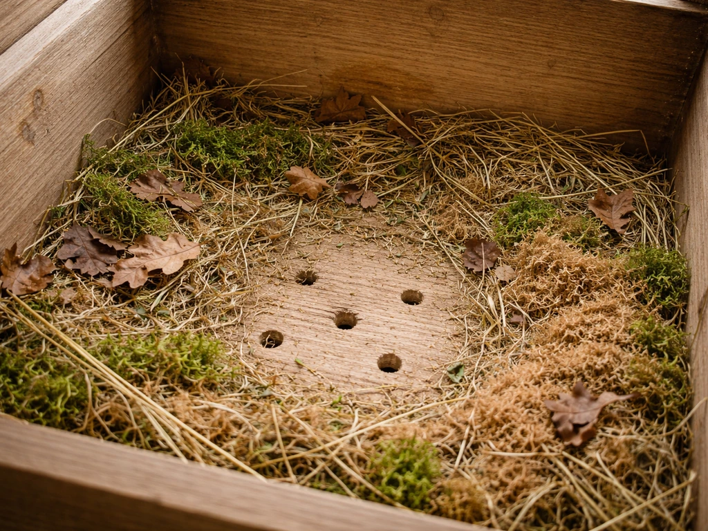 Close view of a cleaned indoor nest box interior with dry grass bedding and visible drainage holes on the base.