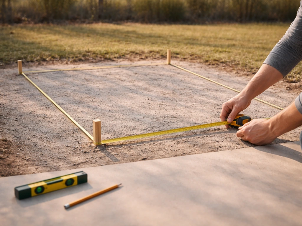 Hands measuring a simple rectangular aviary footprint on the ground with tape measure and corner stakes