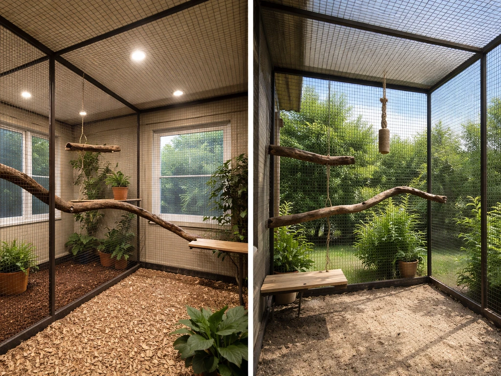 Split image: indoor aviary with covered enclosure on left, outdoor walk-in aviary with open-air layout on right.