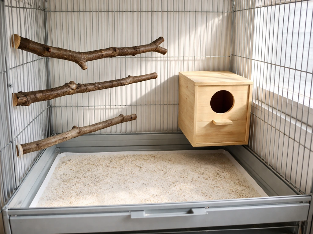 Cozy bird cage interior with natural branch perches, nest shelter, and an open cleaning-access door