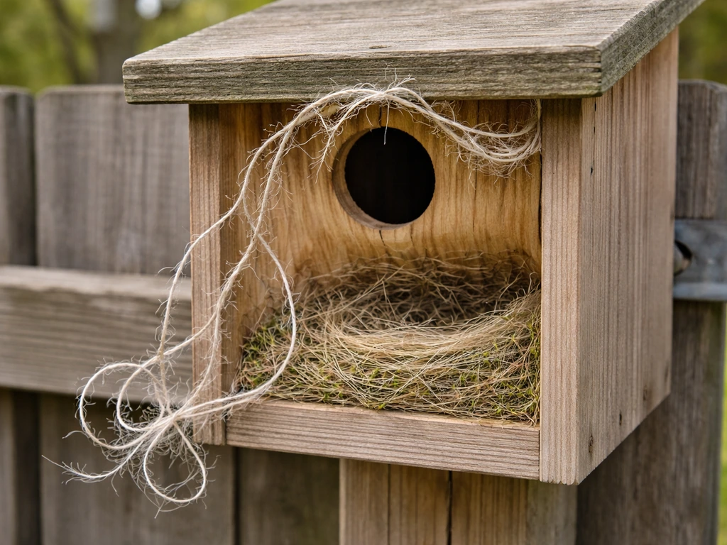 Loose twine/yarn tangled near a bird nesting box entrance, contrasting with clean safe nesting material inside.