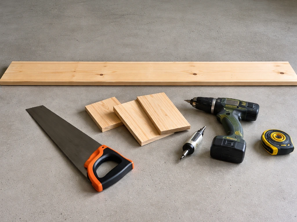 Neatly arranged lumber, hand saw, drill with hole-saw bit, and measuring tape on a workshop surface.