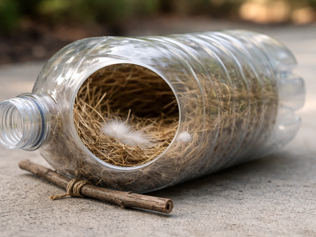 A finished cut plastic bottle nest enclosure with a round entrance hole and soft interior lining.