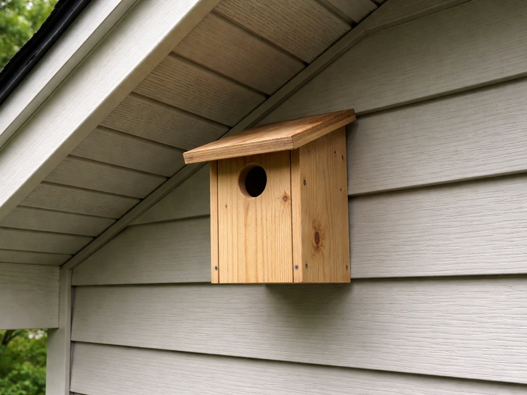 Bird nest box mounted under a roof overhang with entrance angled away from weather.