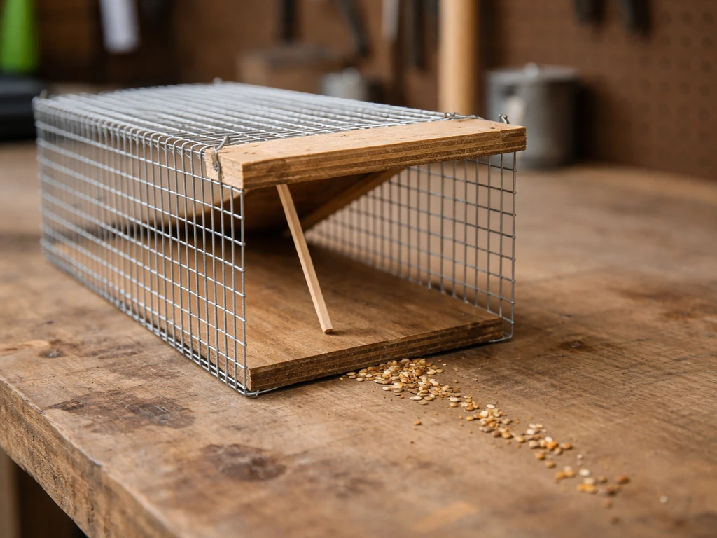 Close-up of an open DIY bird box trap with a small bait trail leading to the entrance.