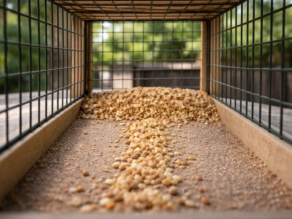 Close view of a small bird feeder box with millet and sunflower chips at the back and a gentle bait trail inward