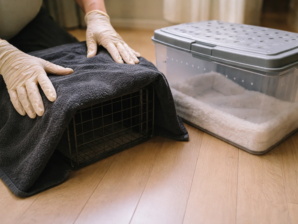Gloved hands cover a wildlife trap with a dark cloth and prepare a ventilated holding container for transport.