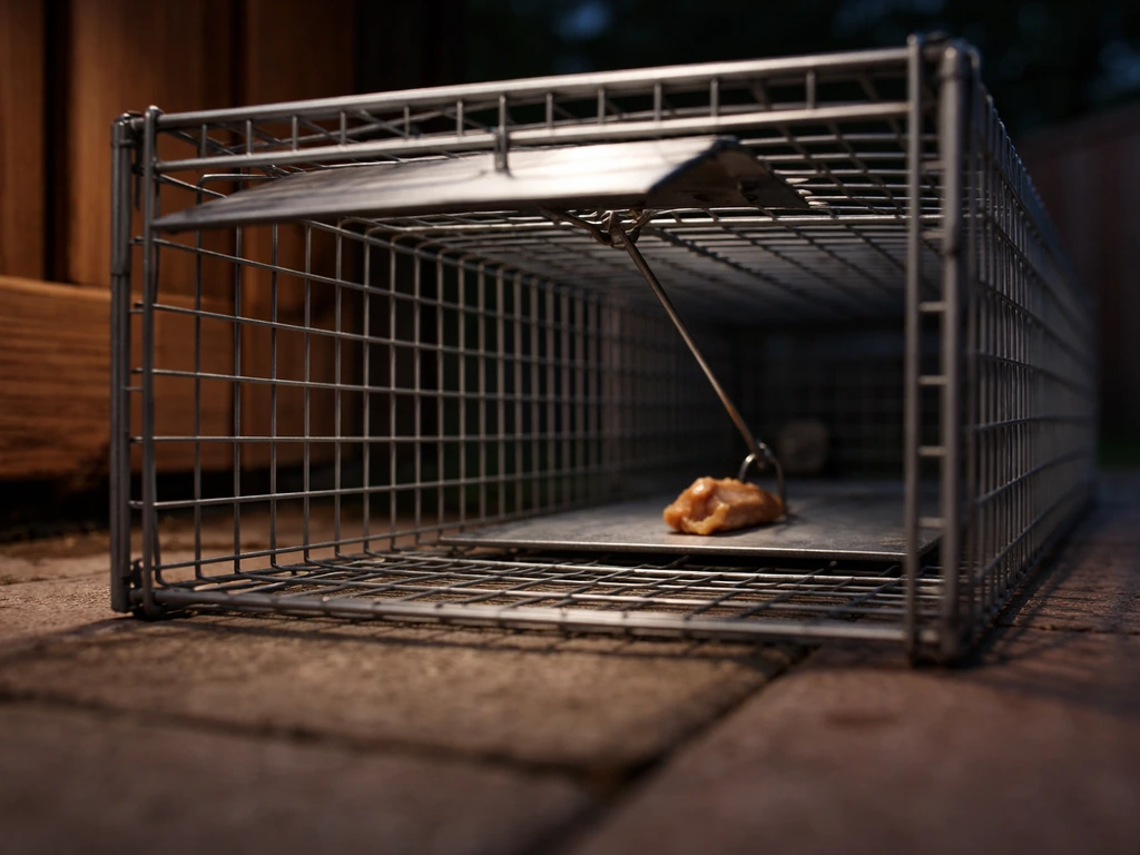 Close-up of a small bait trap showing delayed door release and deeper bait placement near the back wall.