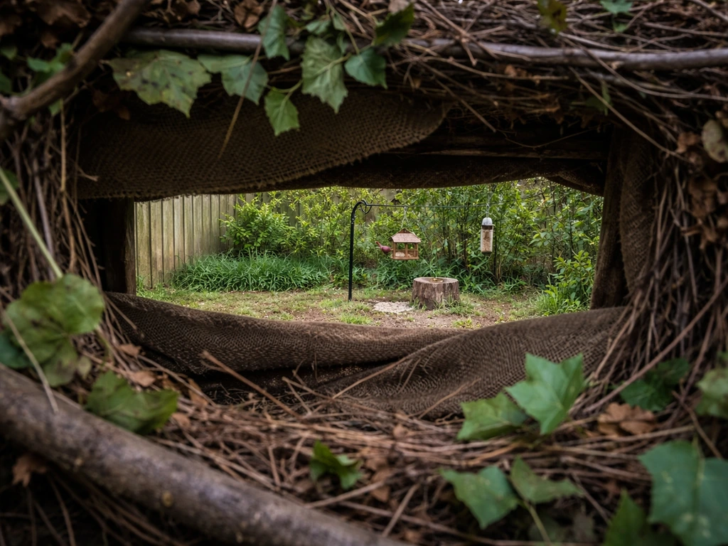 Camouflaged DIY bird blind in a backyard, viewed through a slit toward a feeder area.