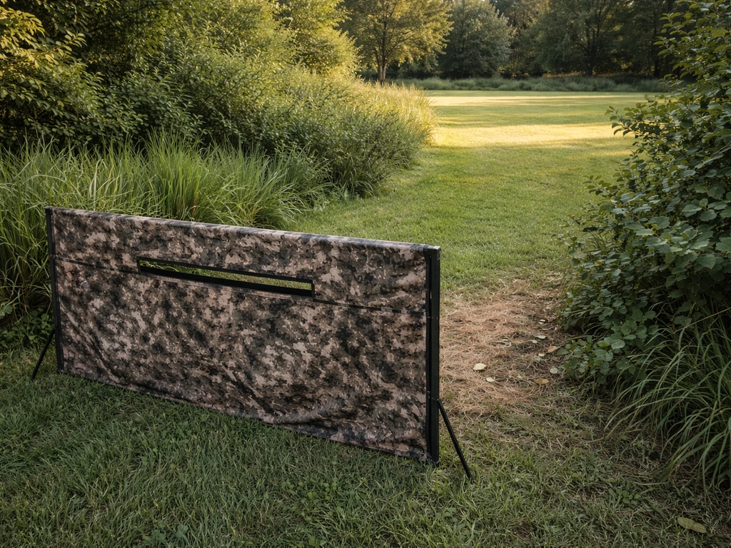 Minimal backyard scene showing a finished ground-level panel blind near shrubs, positioned downwind with nearby cover