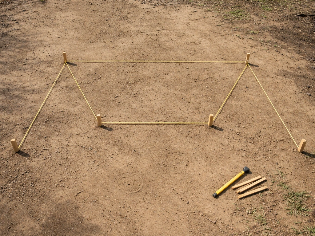 Top-down view of string line and stakes marking a U/V-shaped three-panel blind layout on the ground.