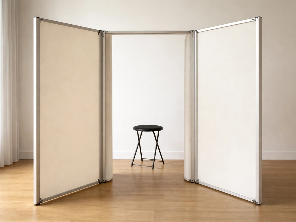 U-shaped three-panel blind interior with a folding stool behind the center panel, showing comfortable depth.