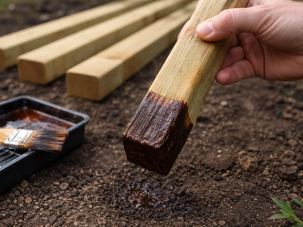 Hand applying exterior wood preservative to timber stakes at soil-contact end outdoors