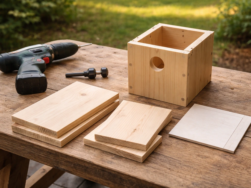 Wooden birdhouse parts on a backyard workbench with a drill bit and entrance-hole template