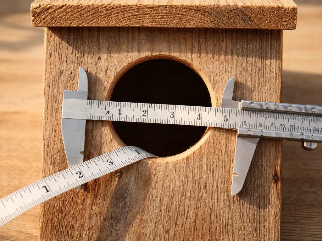 Close-up of measuring tape and calipers measuring a birdhouse entrance hole diameter on wood