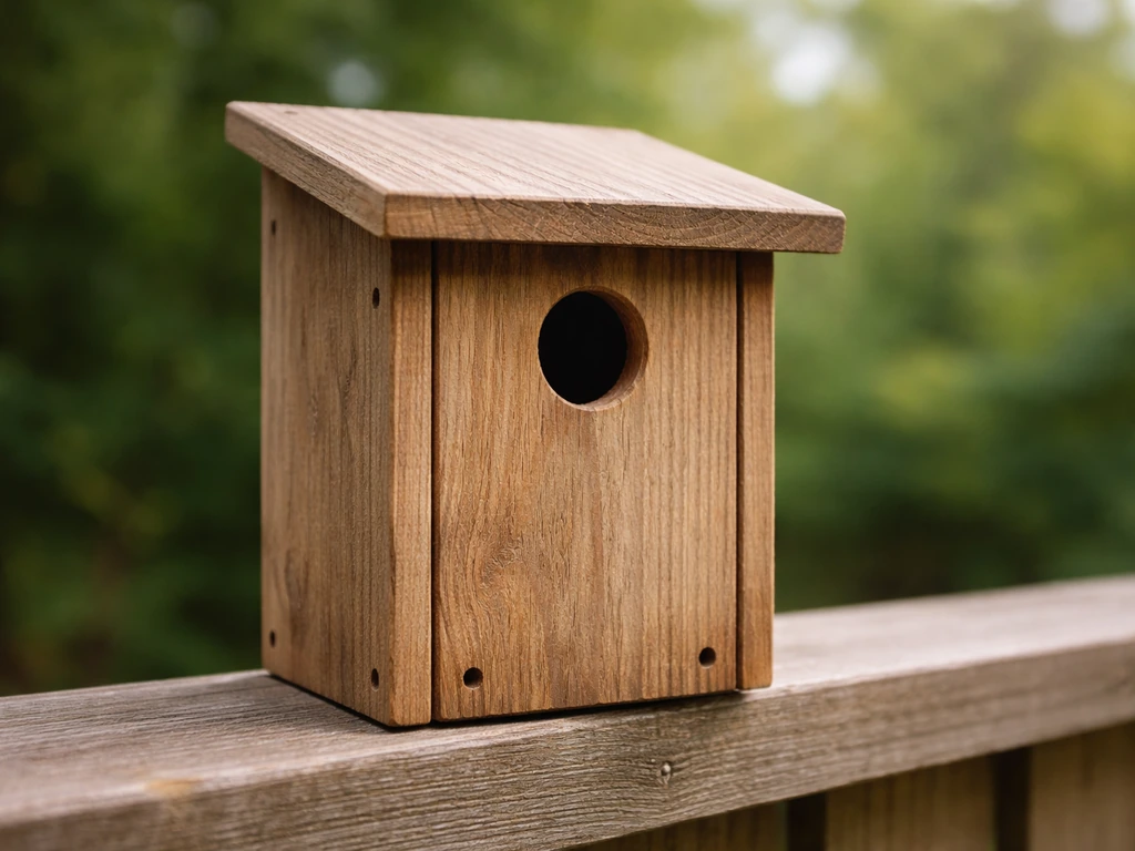 Classic wooden birdhouse with a circular entrance hole and visible drainage holes on a fence rail.