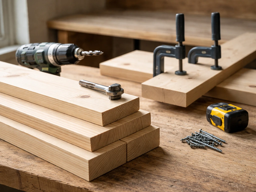 Untreated wood boards on a bench with drill, Forstner bit, clamps, and screws arranged for building