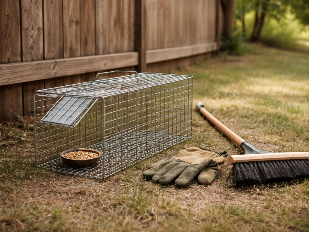 Humane live-catch bird trap setup in a quiet backyard with gloves and tools beside it.
