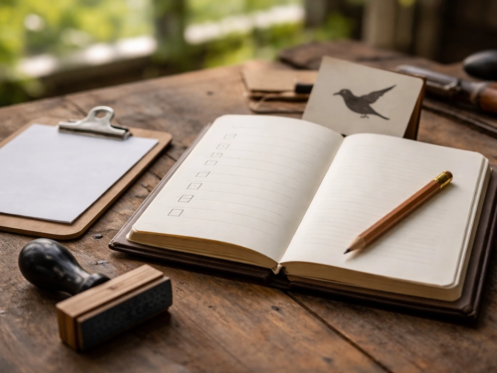 Wooden workbench with clipboard, blank checklist, rubber stamp, and bird-silhouette card under natural light.