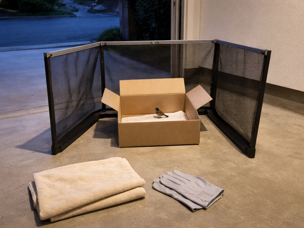 Bird confined in a garage doorway area with a protective barrier and gloves nearby.