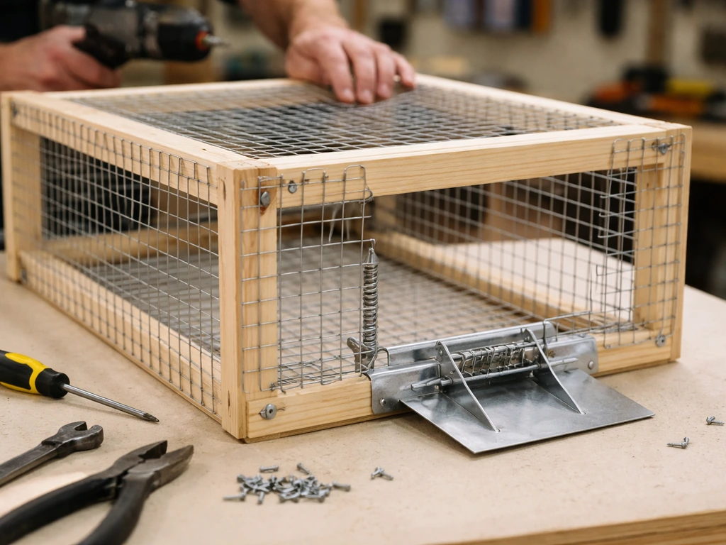 Hands assembling a live-catch box trap with hardware cloth and a visible spring-loaded door latch.