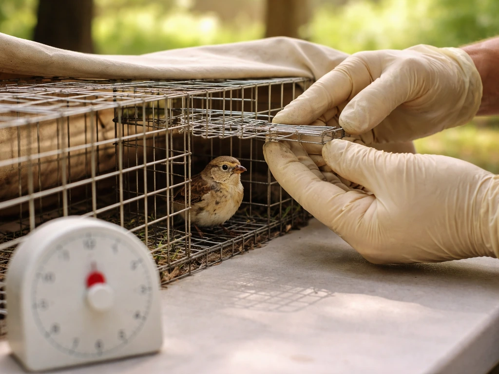 Gloved handler checking a small bird in a covered trap area with a nearby timing timer