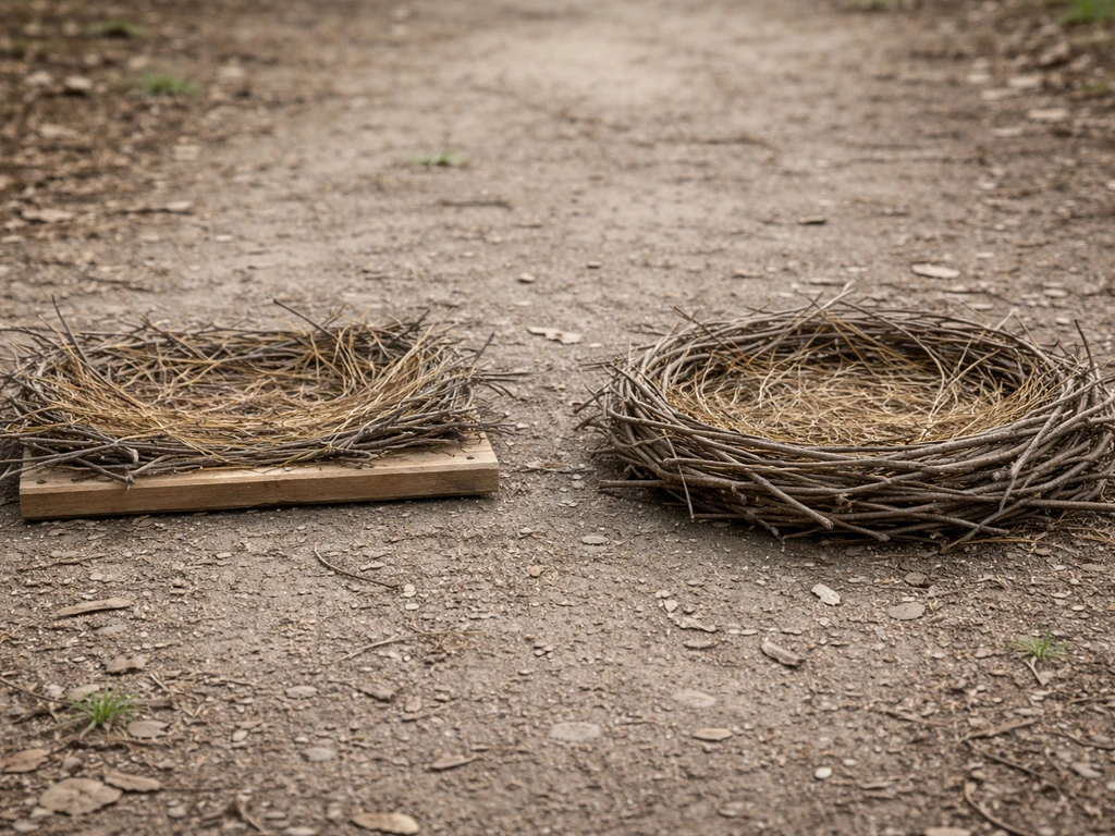 Two simple dove nesting structure formats: an open flat shelf and a shallow platform option outdoors.