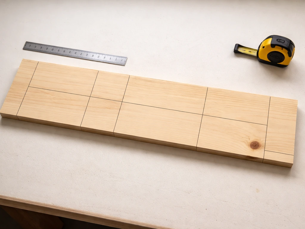Top-down view of a single wood board with simple pencil guide lines and a ruler for a nesting shelf layout.