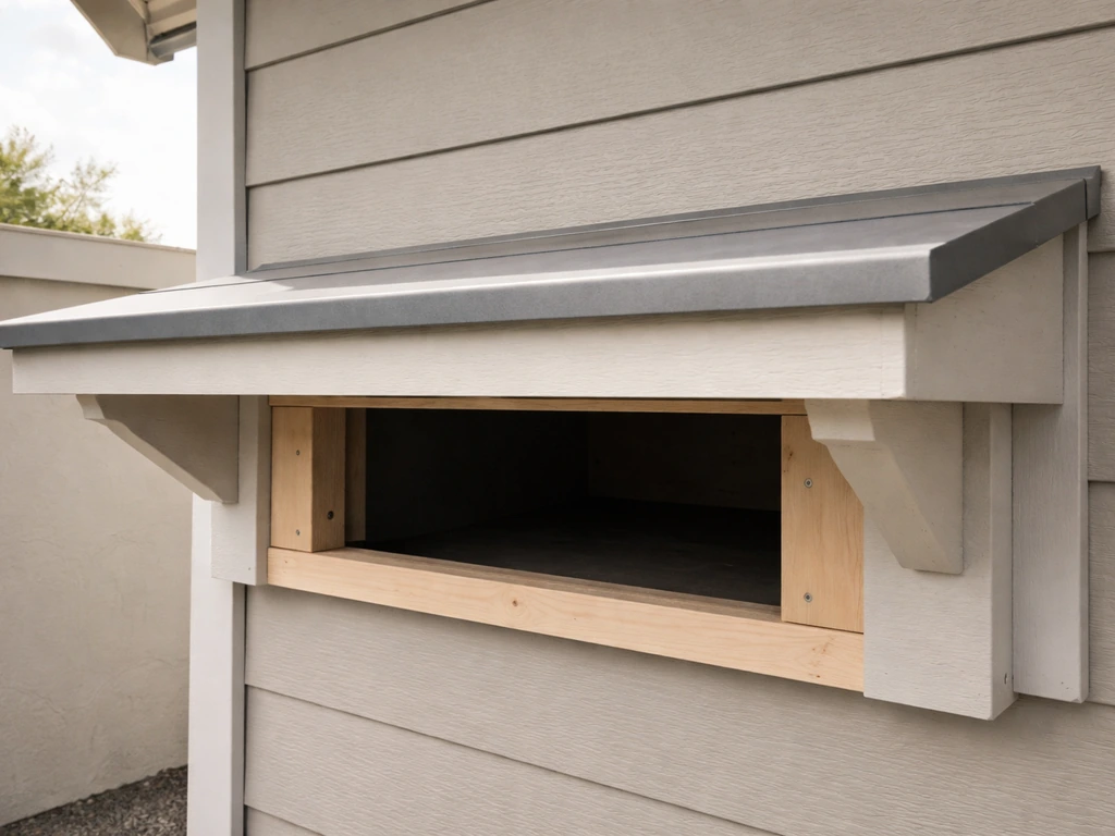 Minimal view of a roof overhang shielding an outdoor shelf with a clean-out opening underneath
