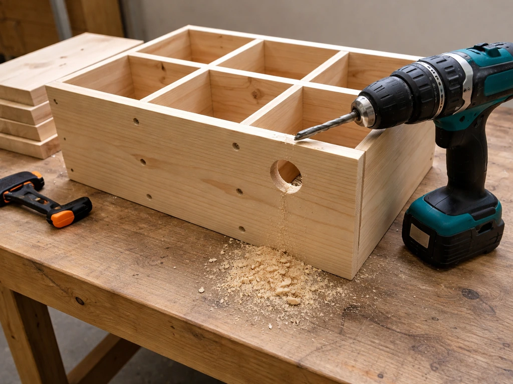 Power drill making a ventilation hole in a partially assembled multi-compartment wooden carcass grid.