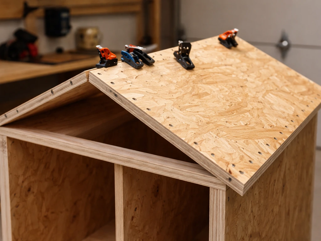 Peaked roof plywood panels test-fit and clamped on a wooden compartment box in a workshop