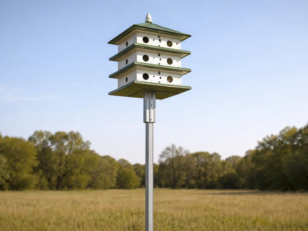 Martin house mounted on a pole at 15–18 ft, channel visible, open field sightline in daylight