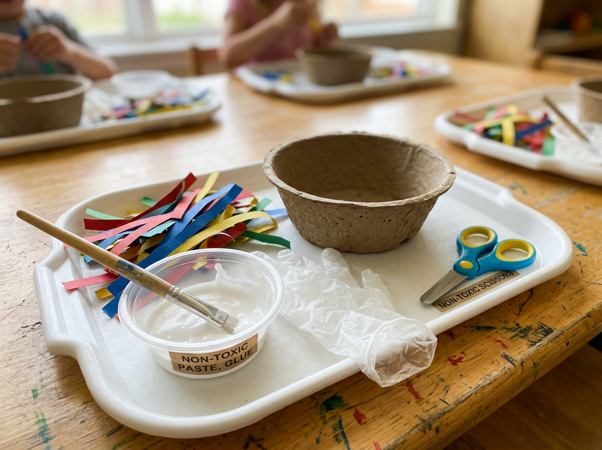 Non-toxic craft materials and tools laid out for building the preschool bird nest