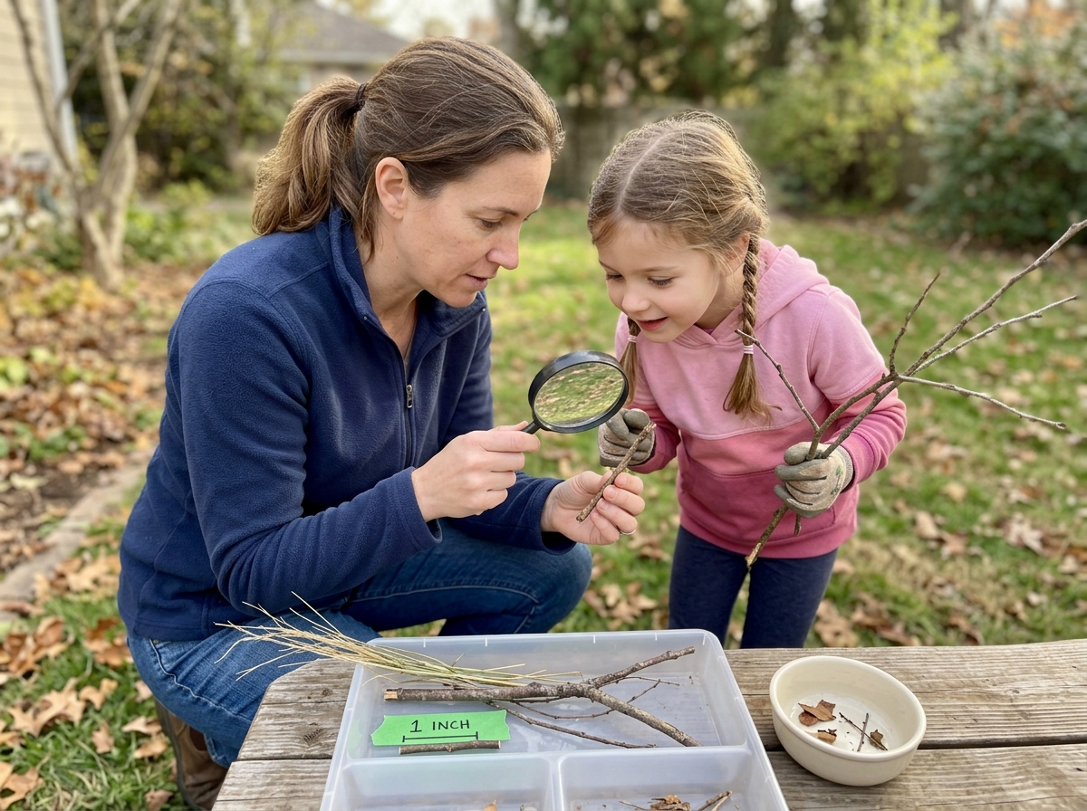 Safety prep sorting natural materials by size for a preschool bird nest
