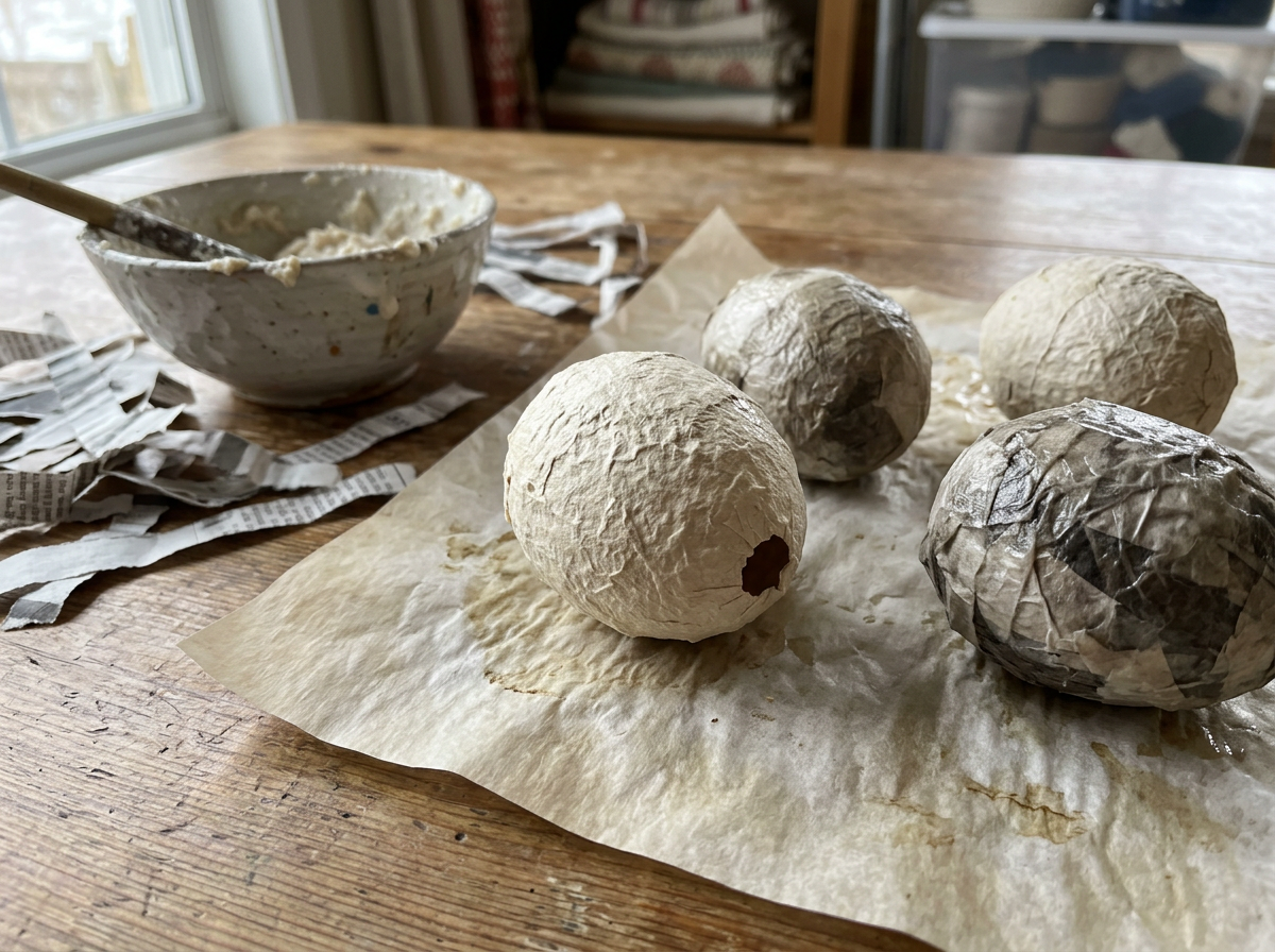 Paper-mache pretend eggs drying after being molded and set