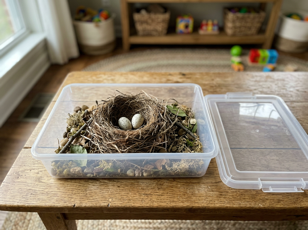 Finished preschool bird nest with pretend eggs in a shallow bin for play