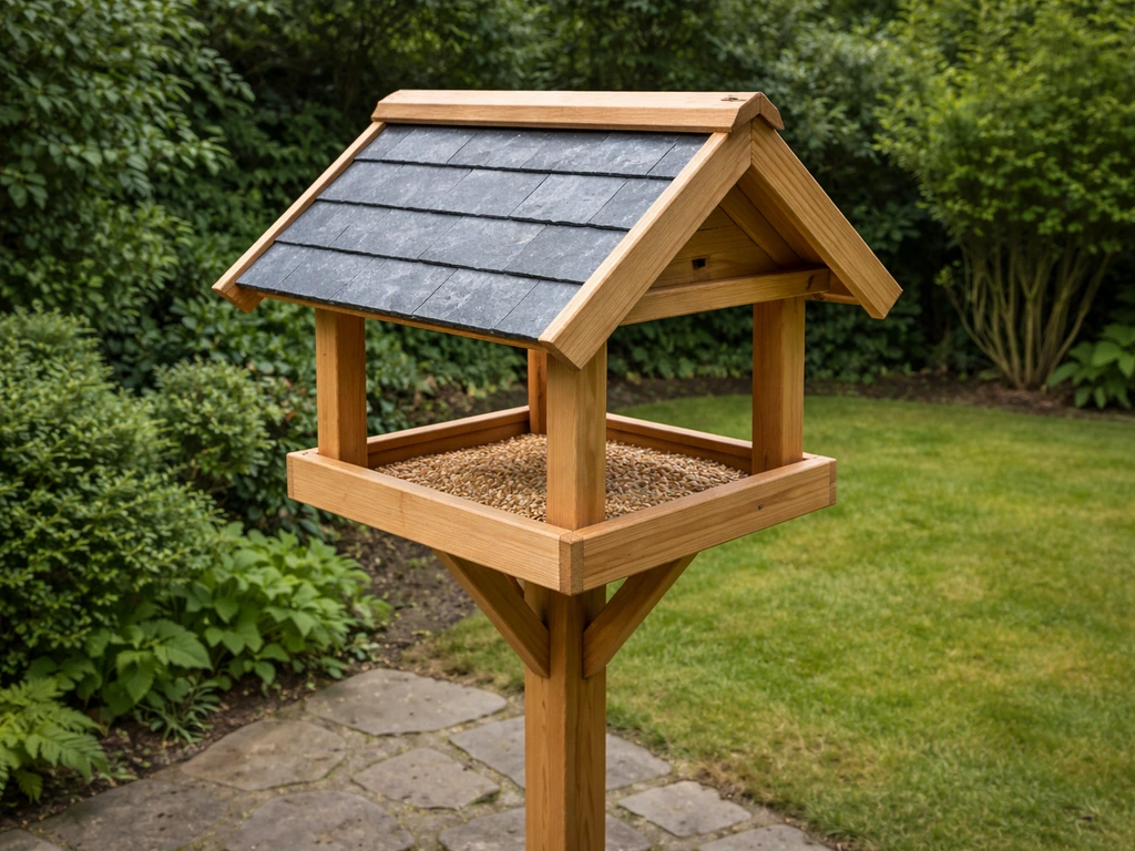 Finished backyard bird table with a pitched roof and dry feeding tray under clear daylight.