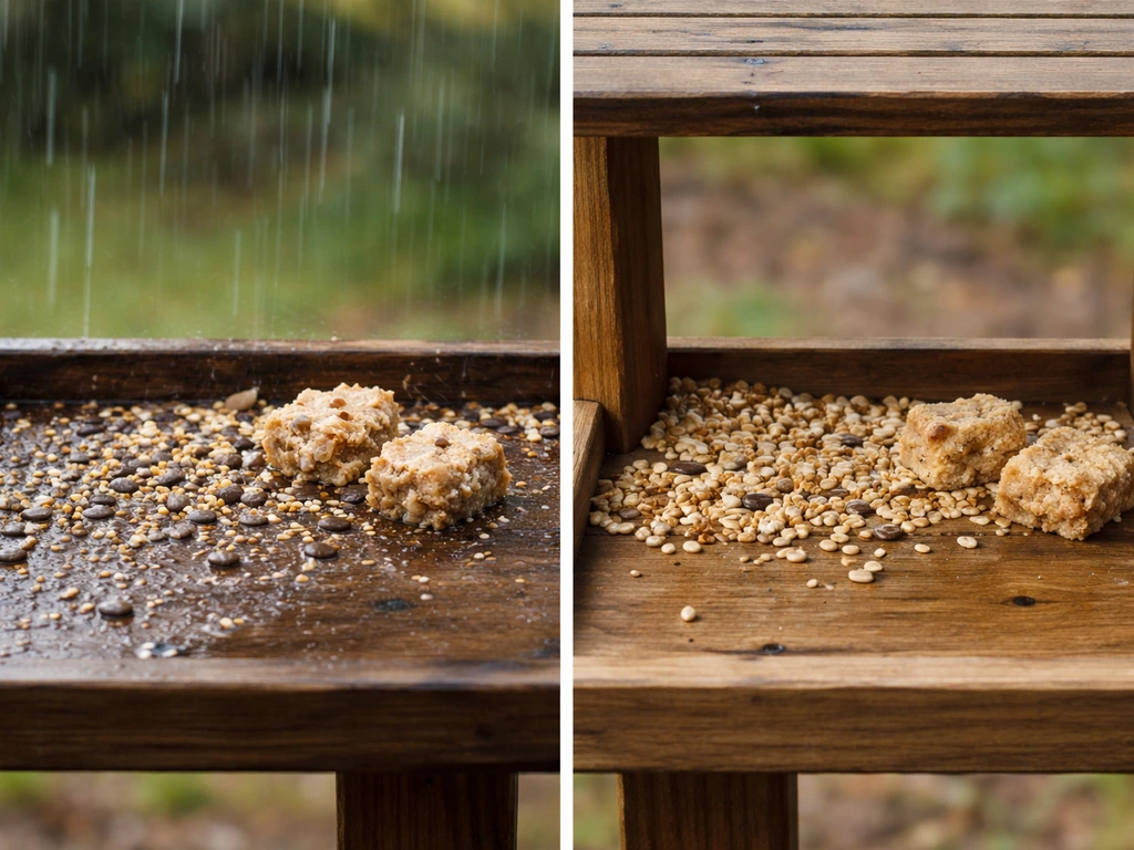 Rain-wet uncovered bird feeder seeds clump on one side, roofed side keeps seeds and suet dry and loose.