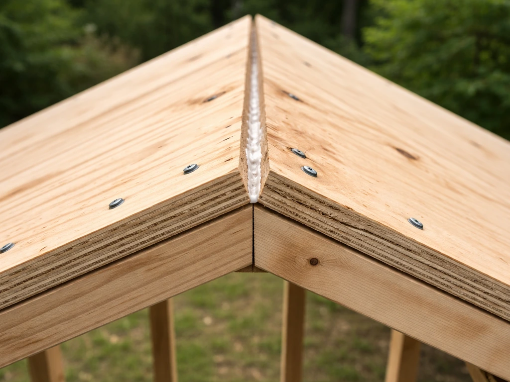 Close-up of two pitched wooden roof panels joined at the ridge with visible screws and glue on a frame.