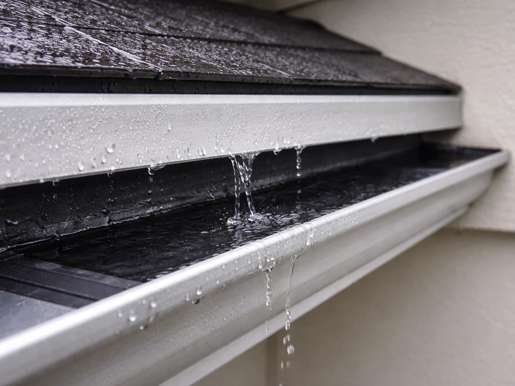 Close-up of a roof overhang with gutter drip edge directing water runoff onto a waterproof tray