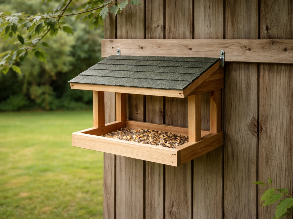 Roofed bird table securely mounted under a fence, placed in an open sight-line spot.